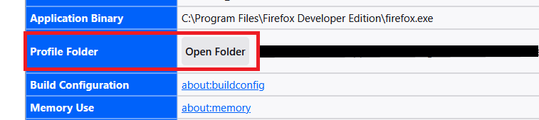 Troubleshooting Information page with the 'Open Folder' button highlighted